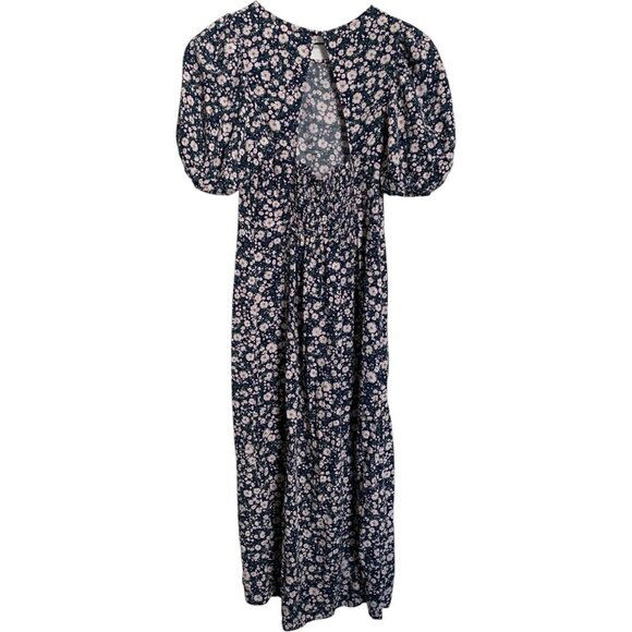 Old Navy Womens Puff Sleeve Midi Dress Size Navy Floral Side Slit Smocked S - Picture 3 of 8